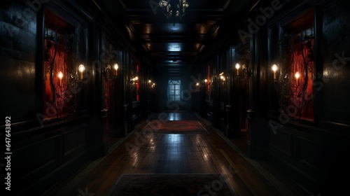 Dark victorian mansion hallway with gloomy lights and carpet in steampunk style