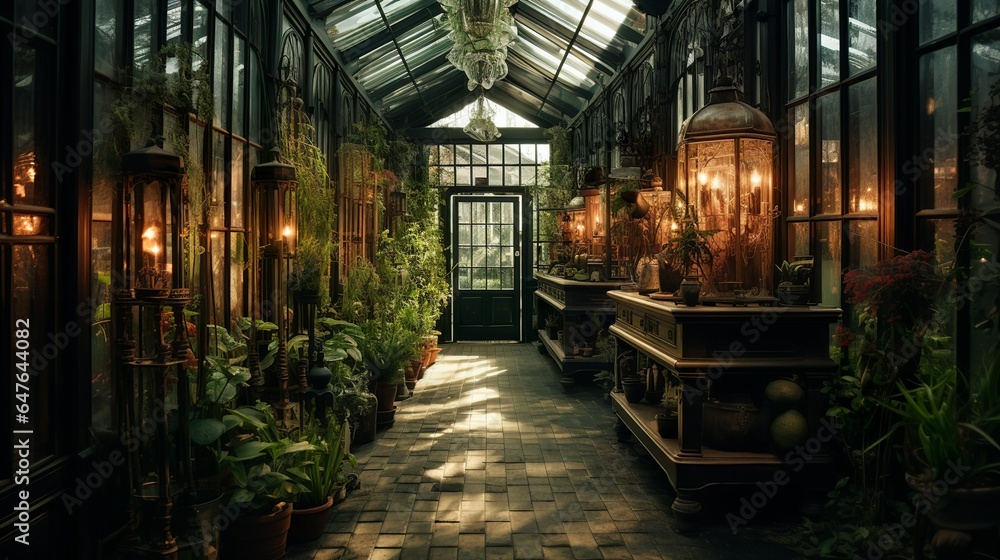 Victorian botanical garden style living room interior with glass ceiling and walls and steampunk lights - obrazy, fototapety, plakaty 