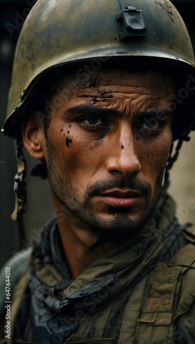  portrait of a soldier from the front, the soldier has a tired face that highlights blue eyes