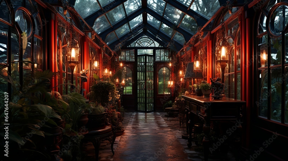 Dark victorian greenhouse mansion with industrial frames in steampunk ...