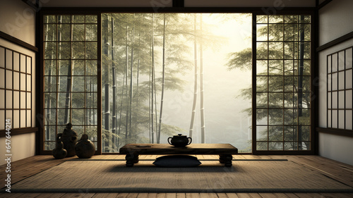 Japanese style living room in the middle of a bamboo forest