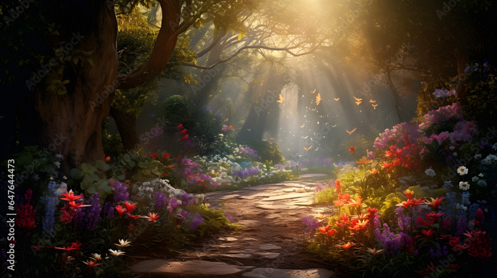 This captivating image transports you to an enchanted forest glade adorned with vibrant wildflowers. Sunlight filters through the dense canopy, casting a warm and ethereal glow on the lush green
