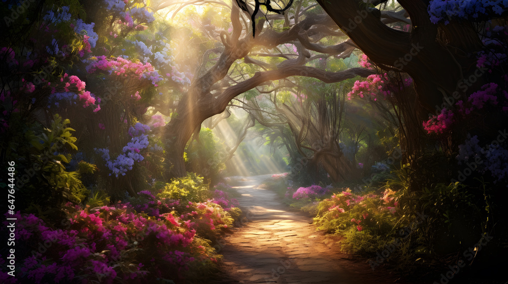 This captivating image transports you to an enchanted forest glade adorned with vibrant wildflowers. Sunlight filters through the dense canopy, casting a warm and ethereal glow on the lush green - obrazy, fototapety, plakaty 