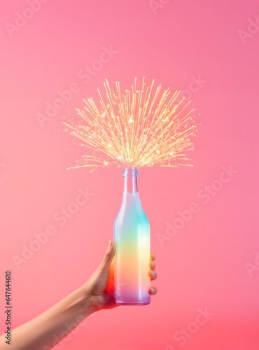 Hand holding a colorful bottle with firework isolated on the pink pastel background in the style of minimal holiday concept