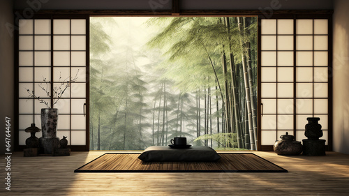 Japanese style living room in the middle of a bamboo forest