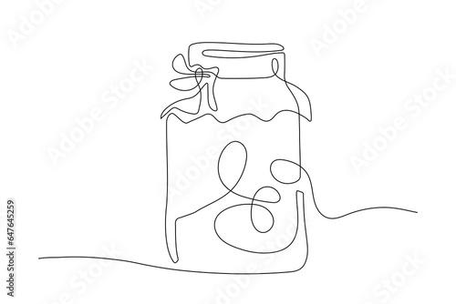 Continuous one line drawing compote jar in Minimal style. Glass jar with juice, compote, jam in silhouette line. Sweet organic icon, contemporary outline design natural food. Healthy vegan supplement