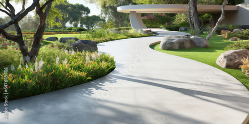 Walkway and landscape in garden, park. Also called path, footpath, pathway or concrete pavement floor. Include natural plant, flower, bush, lawn and grass. Landscaping design idea for outdoor.
