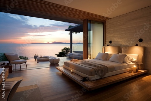 Stunning bedroom featuring a pristine bed overlooking the sea. Generative AI © Greer
