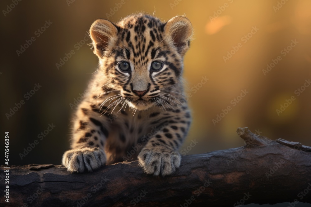Fototapeta premium Portrait of a leopard kitten in the wild.