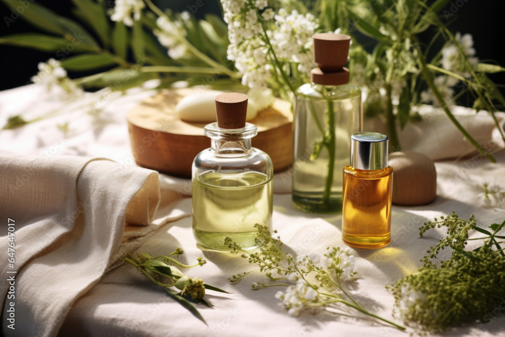 Set of cosmetic bottles among herbs and flowers. Natural cosmetics concept. Set of cosmetic bottles among herbs and flowers. Natural cosmetics concept.