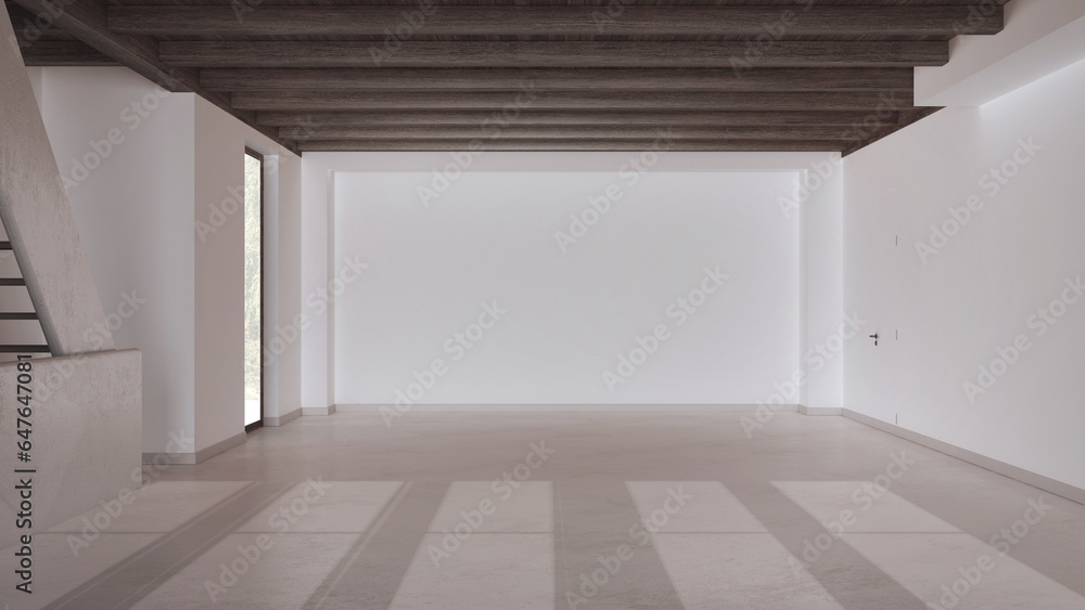 Fototapeta premium Empty room interior design, open space with resin floor, window and white walls, dark wooden beams ceiling, minimal modern architecture concept idea