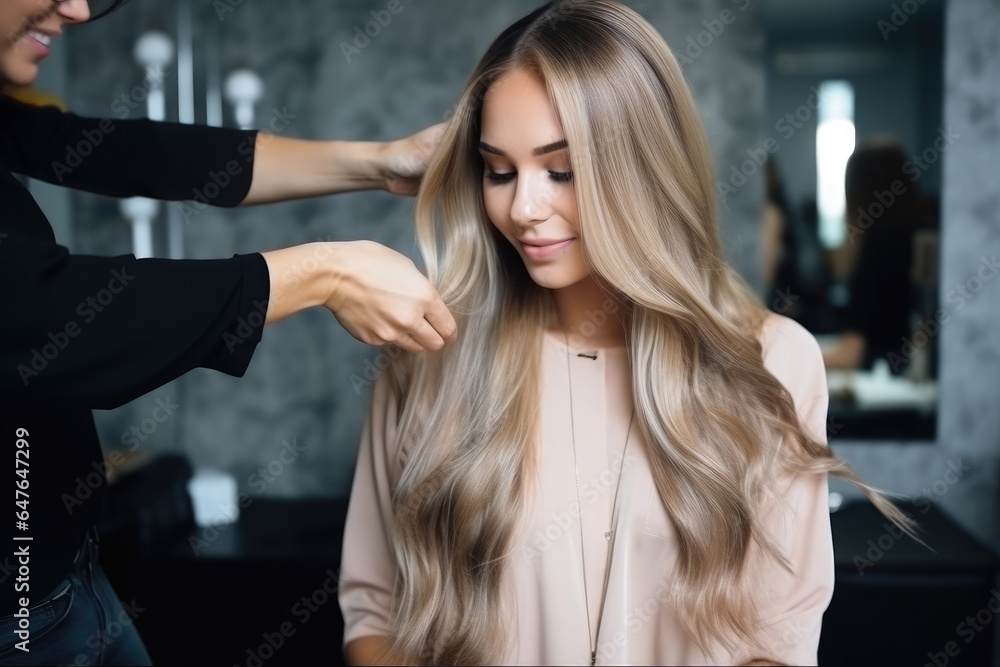 Hairdresser doing hair rebonding to long hair in the hair salon Hairdresser doing hair rebonding to long hair in the hair salon