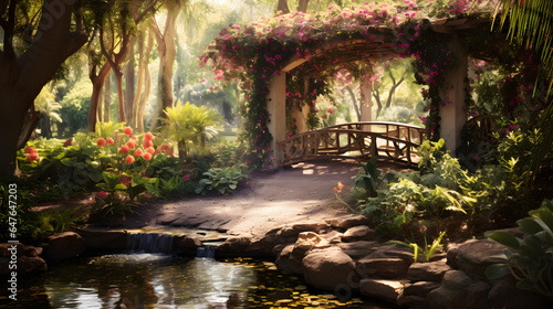 Explore the beauty of a secret garden oasis with this photography. It reveals a hidden sanctuary bursting with exotic flowers  meandering pathways  and a tranquil pond surrounded by lush foliage.