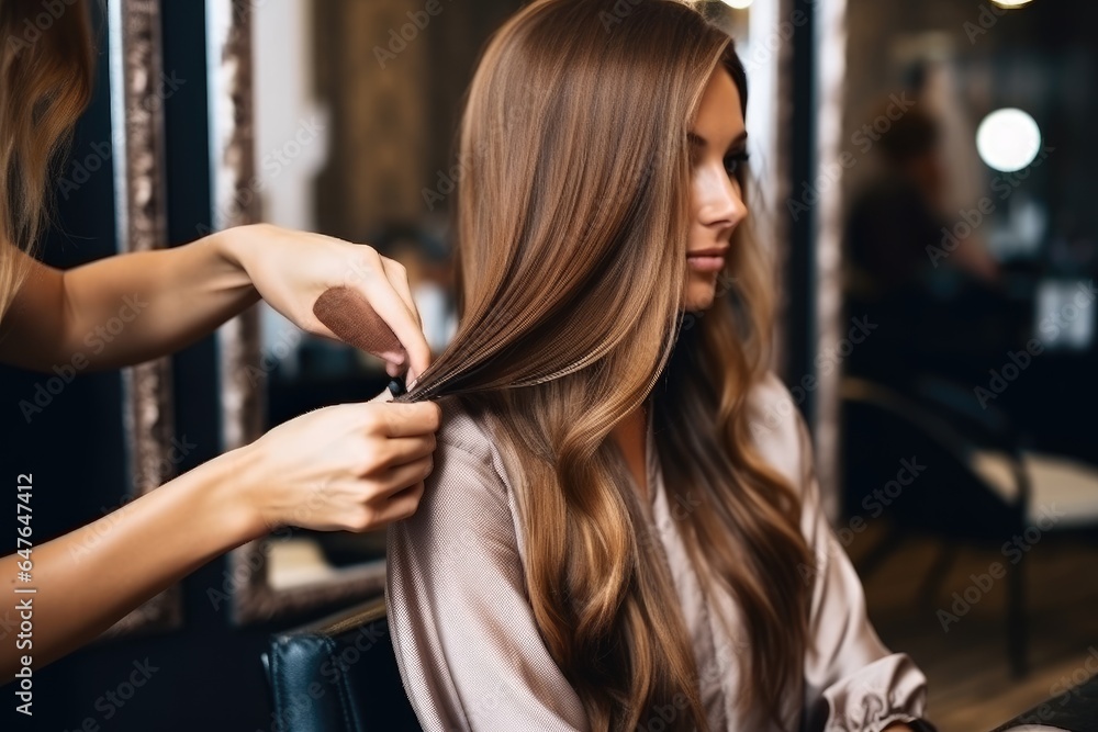 Hairdresser doing hair rebonding to long hair in the hair salon