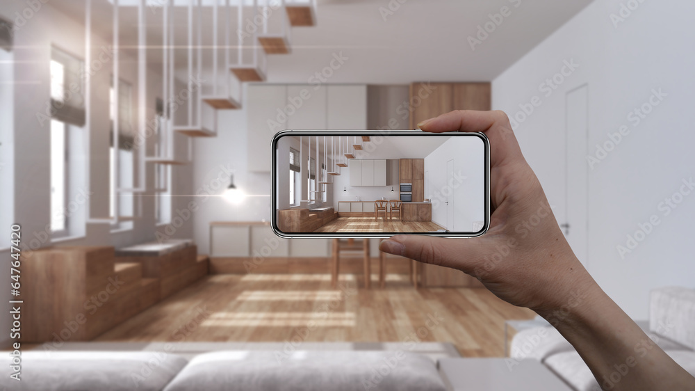 Hand holding smart phone, AR application, simulate furniture and ...