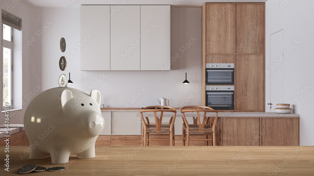 Wooden table top or shelf with white piggy bank with coins, minimal scandinavian kitchen, expensive home interior design, renovation restructuring concept architecture - obrazy, fototapety, plakaty 