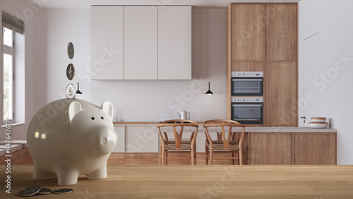 Wooden table top or shelf with white piggy bank with coins, minimal scandinavian kitchen, expensive home interior design, renovation restructuring concept architecture