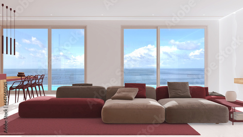 Minimal modern panoramic living room with velvet sofa in white and red tones. Resin floor, carpet and windows over sea landscape. Luxury interior design © ArchiVIZ
