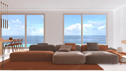 Minimal modern panoramic living room with velvet sofa in white and over tones. Resin floor, carpet and windows over sea landscape. Luxury interior design © ArchiVIZ