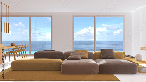 Minimal modern panoramic living room with velvet sofa in white and yellow tones. Resin floor, carpet and windows over sea landscape. Luxury interior design © ArchiVIZ