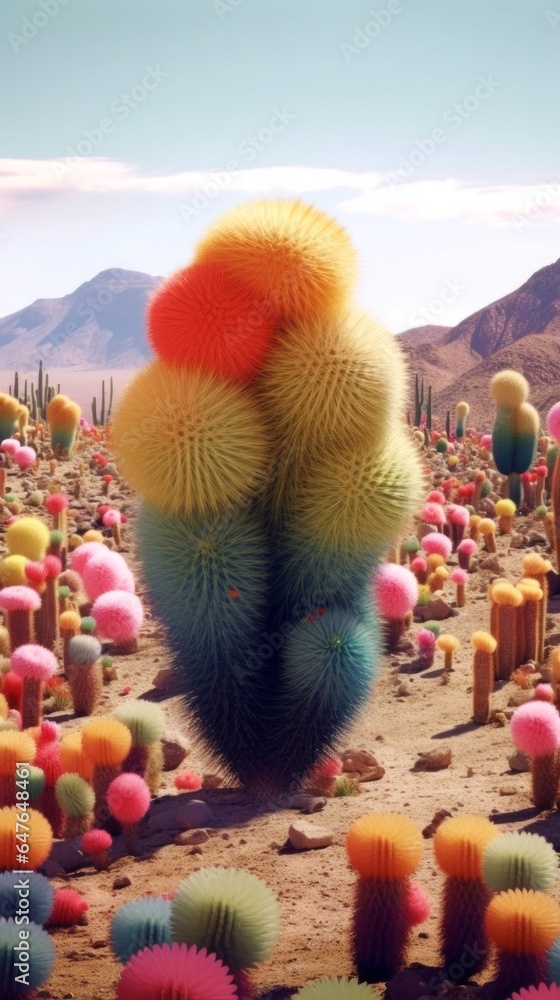 On a hot summer day, a vibrant collection of cactus plants glisten in the sun as they stand in harmony with the stark desert landscape, captivating onlookers with their unique beauty and splendor