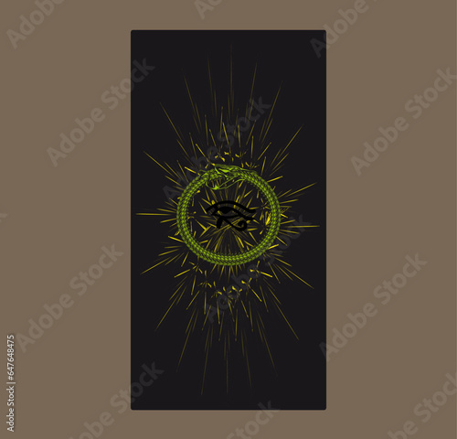 Eye of Horus. Ouroboros, serpent or dragon eating its own tail. Abstract drawing, cover, sticker, print, logo. Contemporary vector art