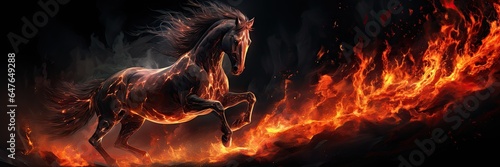 A black horse, a ghost, a flowing black mane, fierce, flaming red eyes, is engulfed in flames. Generated by AI.