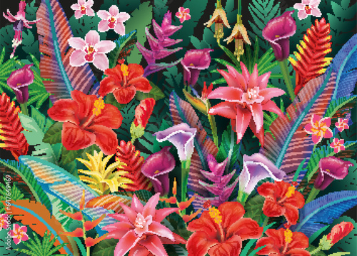 Background with tropical flowers, leaves and birds