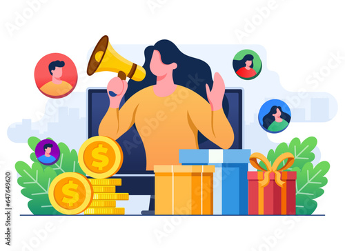 Refer a friend strategy concept flat illustration vector template, Woman with megaphone on computer screen, Referral program, Affiliate marketing concept