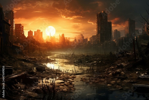 a city landscape ravaged in an apocalyptic era. Generative AI