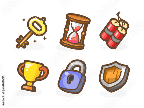 Game casual icons for your app. Bright remarkable UI elements. Good for animation. Goblet, shield, lock, key and others. Vector illustration for your business.