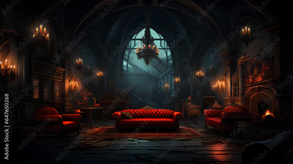 Fantasy interior with red sofa and armchairs in a dark room Fantasy interior with red sofa and armchairs in a dark room