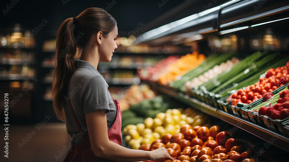 Young woman in apron choosing fruits and vegetables in grocery store.