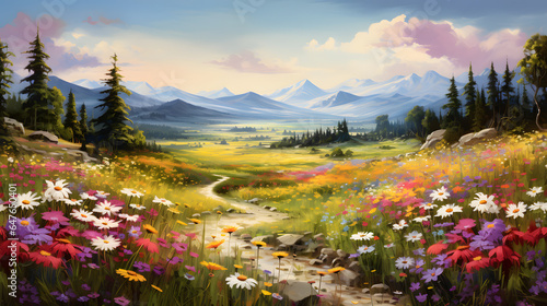 Take a stroll through a wildflower meadow in full bloom. This scene showcases a picturesque landscape bursting with an array of native wildflowers, creating a stunning and colorful vista.