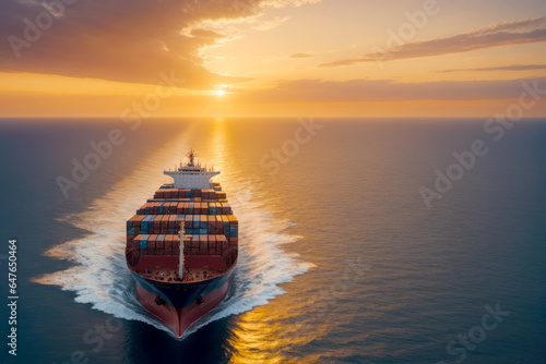 Sailing into the Sunset, Aerial View of Container Ship, AI Generated