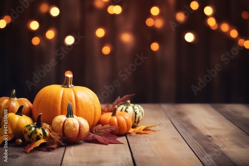 Happy Thanksgiving Day background, wooden table