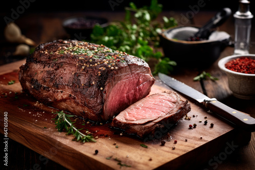 Roast beef on cutting board with pepper and herbs and wooden table background