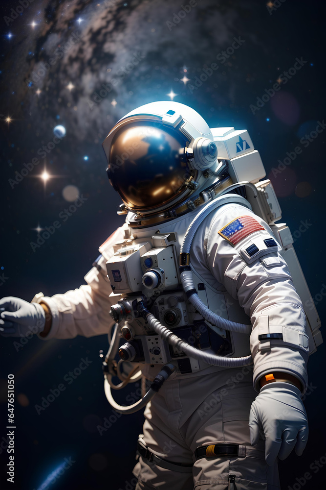 Astronaut spaceman floating in outer space. Science fiction theme. World Astronaut Day