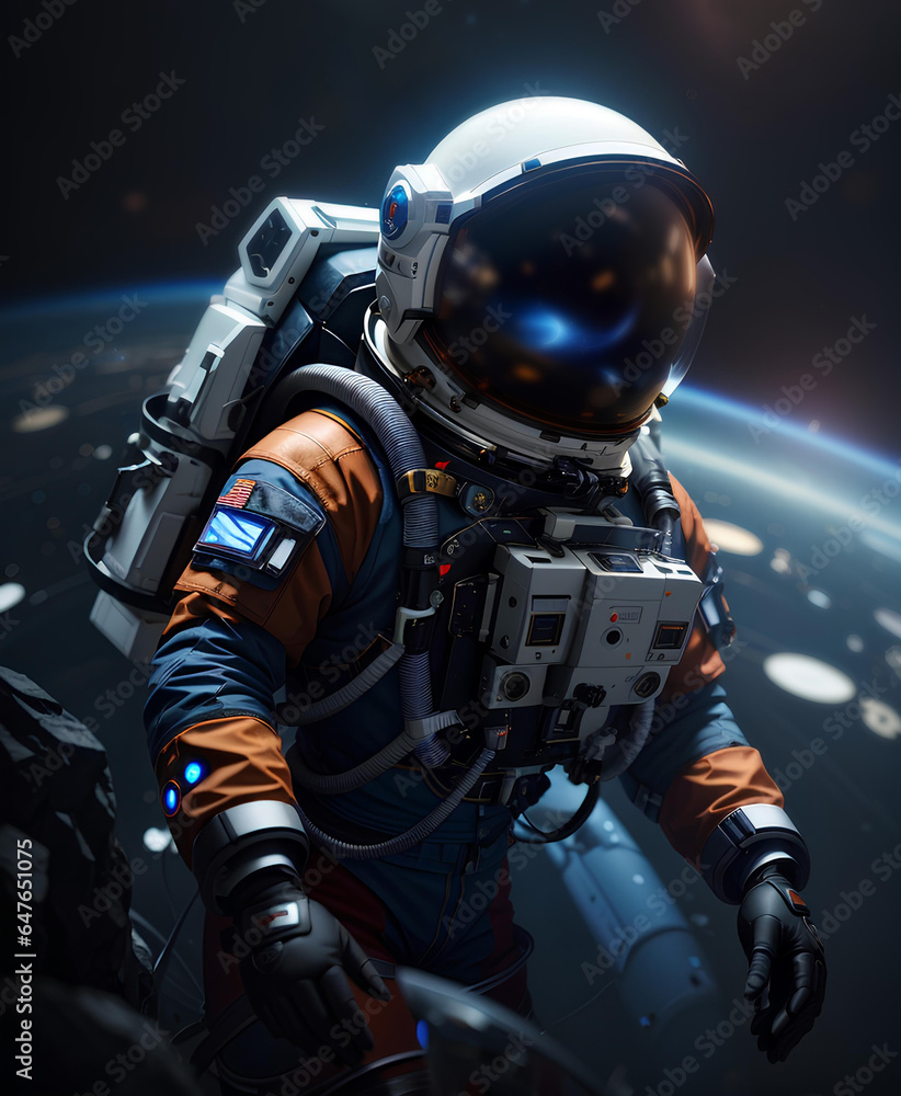 Astronaut spaceman floating in outer space. Science fiction theme. World Astronaut Day Astronaut spaceman floating in outer space. Science fiction theme. World Astronaut Day