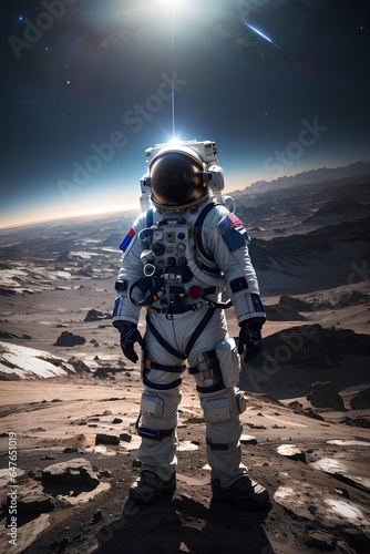 Astronaut spaceman on the space landscape watches another planet. Space and universe exploration concept.