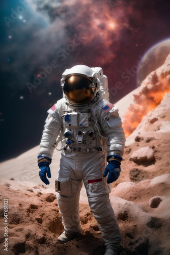 Astronaut spaceman on the space landscape watches another planet. Space and universe exploration concept. © Logvin art