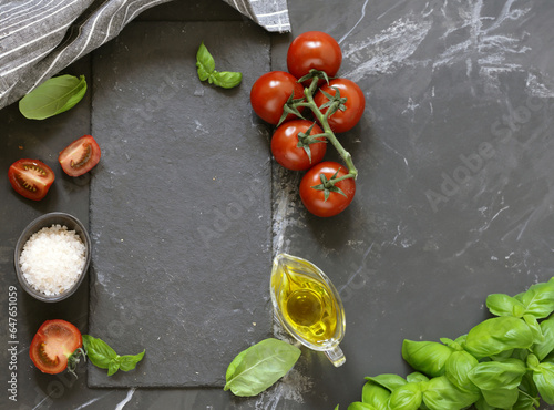 food background with basil and tomatoes