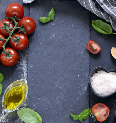 food background with basil and tomatoes