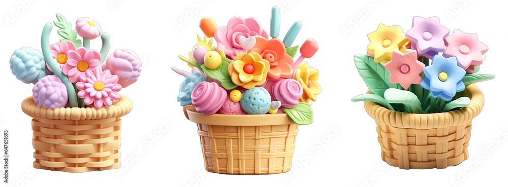 Collection flowers in basket 3d icon pastel color isolated on transparent background Png