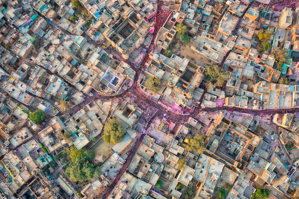 Aerial view of Shri Raas Bihari Temple during the Holy colour festival in Barsana, Uttar Pradesh, India. Aerial view of Shri Raas Bihari Temple during the Holy colour festival in Barsana, Uttar Pradesh, India.