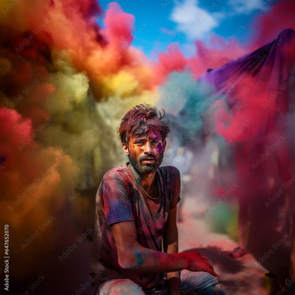 Gaze Through Colors: A Man Engulfed in Holi's Vibrant Hues Looking at the Camera Gaze Through Colors: A Man Engulfed in Holi's Vibrant Hues Looking at the Camera