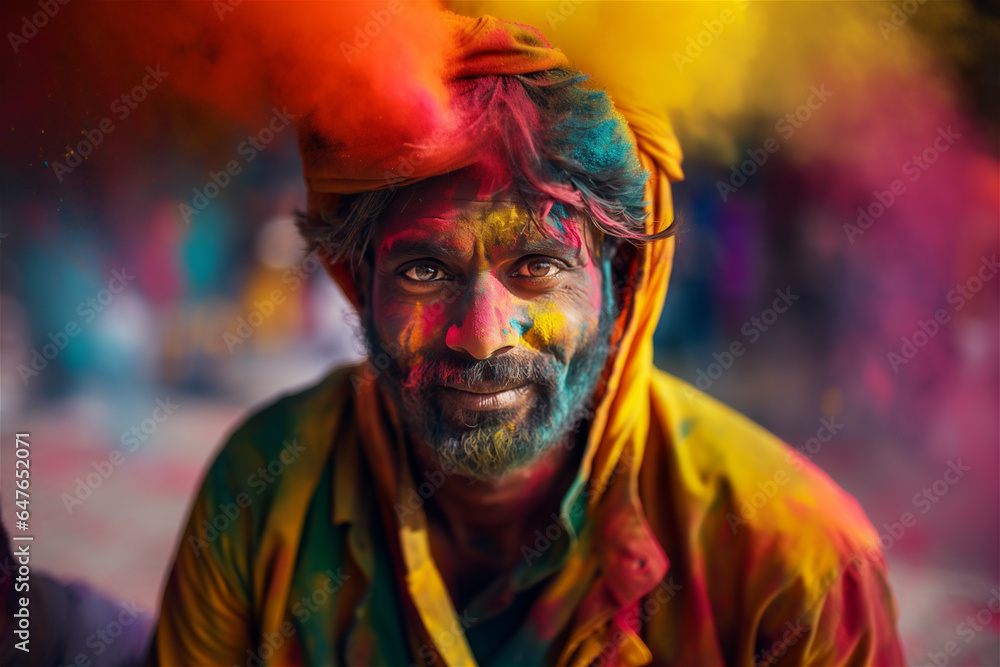 Gaze Through Colors: A Man Engulfed in Holi's Vibrant Hues Looking at the Camera Gaze Through Colors: A Man Engulfed in Holi's Vibrant Hues Looking at the Camera