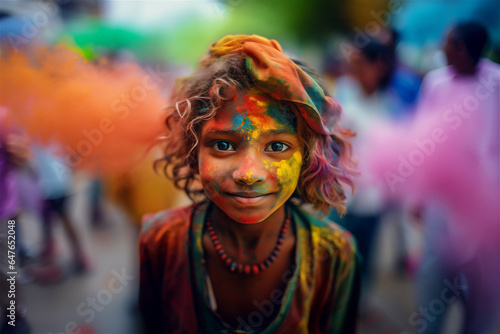 Innocent Gaze Amidst Hues: Close-up of a indian Child Celebrating Happy Holi with Color Clouds
