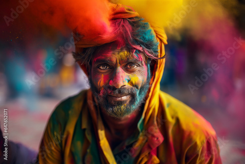 Gaze Through Colors: A Man Engulfed in Holi's Vibrant Hues Looking at the Camera