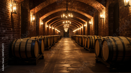 A tunnel with wine barrels in it and a light